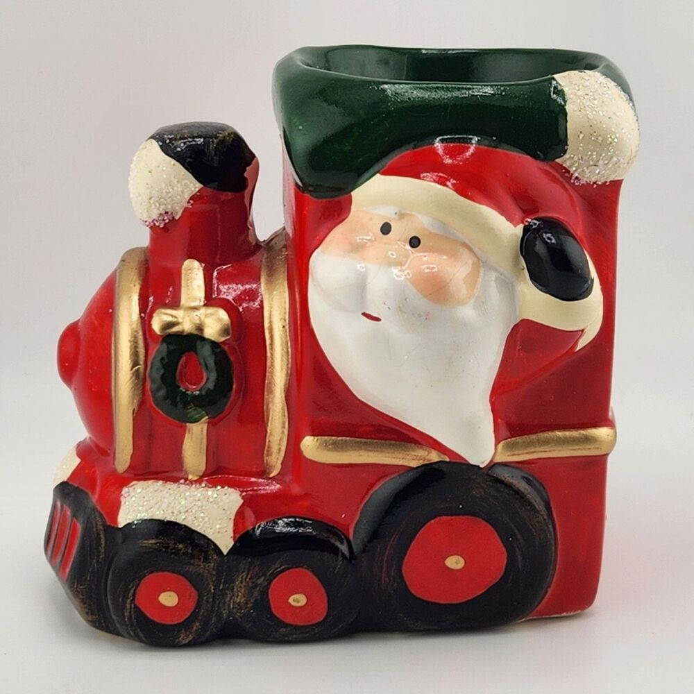 Adorable Vintage Santa Train Ceramic Candy Cane Holder or Mini Planter 4.25 READ